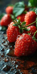 A Vibrant Juicy Strawberries Background with Sparkling Water Droplets against a Backdrop of Soft Diffused Light - Strawberry Fruit Food Backdrop for Advertising created with Generative AI Technology