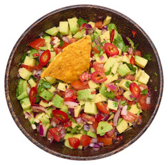 traditional salsa dip snack in wooden bowl and corn nacho chips isolated