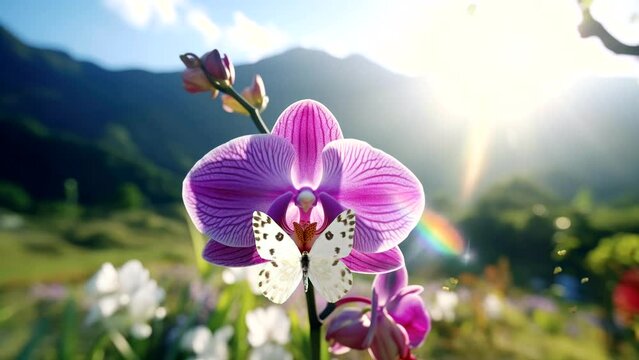 orchid flower with butterfly on field beautiful scenery relaxation video background animation looping for live wallpaper	
