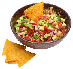 traditional salsa dip snack in wooden bowl and corn nacho chips isolated