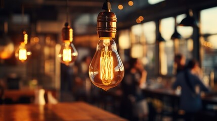 Warm filament bulb hangs in a modern cafe's ambiance. - obrazy, fototapety, plakaty