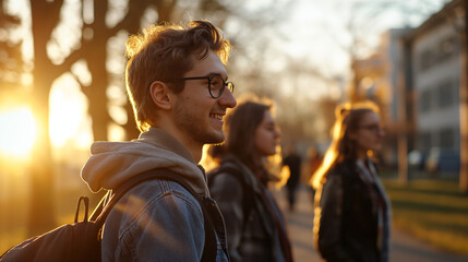 Naklejka premium Snapshot of Campus Life: Students Engaging in Animated Conversations on University Grounds, Radiating Smiles and Vibrancy Under the Sun, Embracing the Joyous Spirit of Learning Community