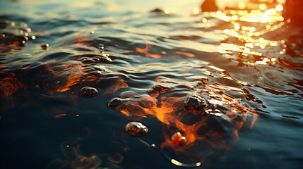 Oil spill on the surface of the water in the rays of the setting sun