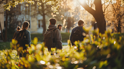 Snapshot of University Campus Life: Students Heading to Classes on a Sunny Morning, Embracing the Vibrancy of the Day and Eager for Learning - obrazy, fototapety, plakaty