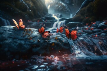 A Stunning Winter Wonderland: Butterflies and Fairy Tale Insects Play Red Light, Green Light by a Waterfall with Hyper-Detailed Unreal Engine 5 Graphics! , Generative ai