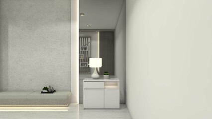 Minimalist and modern side drawer cabinet design with white color furnishing. Using back wall mirror panel and lighting decoration, suitable for interior livingroom.