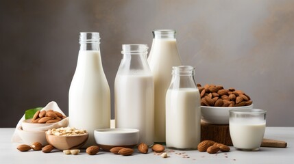 Obraz na płótnie Canvas Bottle of vegan milk alternative surrounded by nuts and grains.