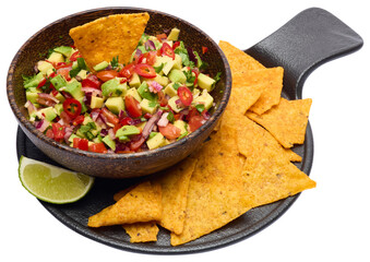 traditional salsa dip snack in wooden bowl and corn nacho chips isolated