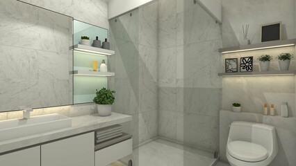Modern and clean bathroom design with minimalist wash hand cabinet, shelving rack and shower area.