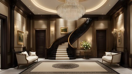 the grand entrance hall of a mansion, portraying the extravagant staircase, exquisite chandeliers, and tasteful artwork that make a lasting impression.

