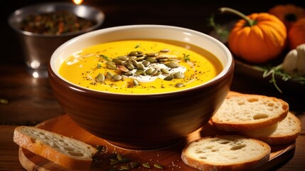  Bowl of creamy pumpkin soup garnished with seeds on  wooden table.