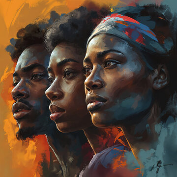 AI-generated illustration of three black individuals symbolizing diversity and culture, ideal for events like Black History Month or Juneteenth.