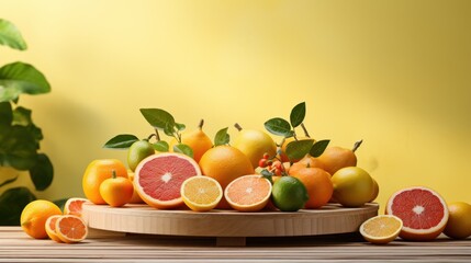 Round wooden platform surrounded by  citrus fruit assortment on  colorful background.