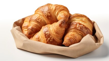 Freshly baked croissants in  rustic paper bag positioned on  clean white background.