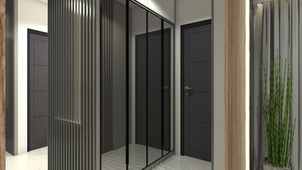 Modern hallway storage cabinet design with mirror door frame and wall panel decoration.