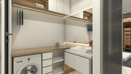 Minimalist and modern laundry room design with washbasin cabinet. Using wooden cabinet furnish, mirror panel and lighting decoration.