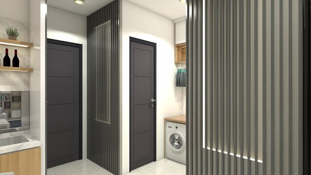 Minimalist slat wall panel design for room partition, using dark grey furnished and lighting decoration.