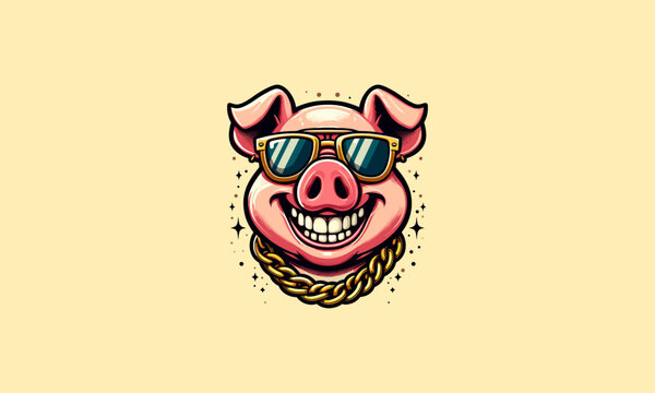 head pig wearing sun glass with gold necklace vector mascot design