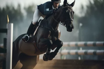 Fotobehang Equestrian competition with horse jumping over obstacles. Generative AI © Moriko