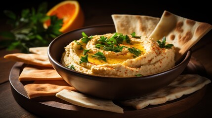 Wooden bowl of hummus served with warm pit bread.