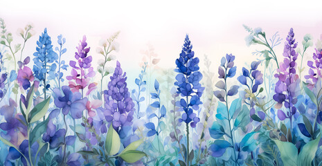 Colorful meadow and garden spring flowers background isolated on white. Summer love and romance lavender bellflowers blue, pink, purple banner for copy space, web, mobile by Vita - obrazy, fototapety, plakaty