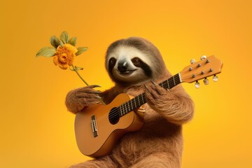 Sloth playing guitar, evoking a feeling of relaxation and enjoyment