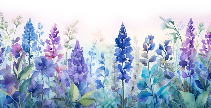 Fototapeta Colorful meadow and garden spring flowers background isolated on white. Summer love and romance lavender bellflowers blue, pink, purple banner for copy space, web, mobile by Vita