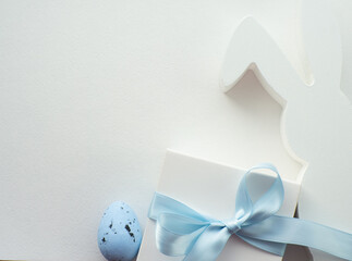 Happy Easter, white concept. Easter decorations on white background with copy space. Easter...
