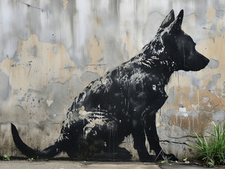 Graffiti of a dog on a grunge wall in stencil-style, urban art wallpaper 