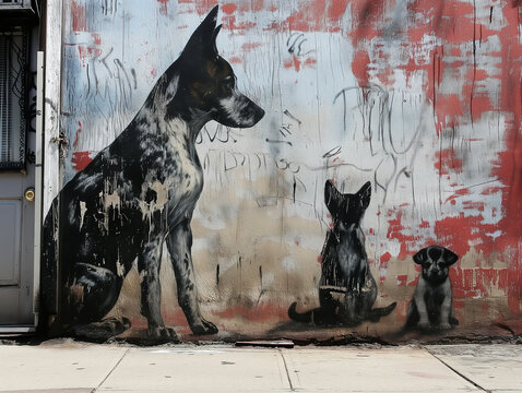 Graffiti of three dogs on a grunge wall in stencil-style, urban art wallpaper