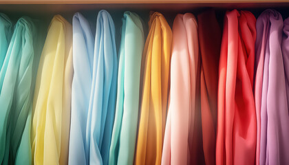 Stack of folded clothes in bright colors in closet