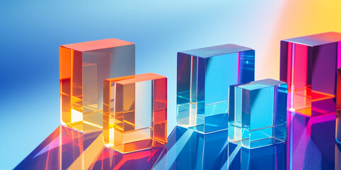 geometric prism glass Abstract blue tone background with close-up of shiny crystal blocks with multicolored gradient reflections on a blurred glass surface.