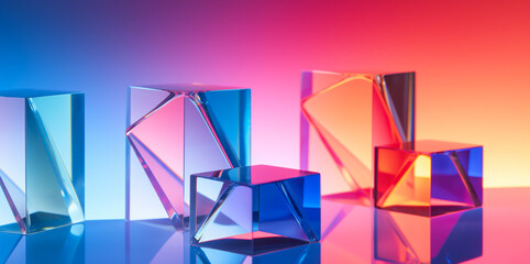 Glass geometric figures prisms. Abstract background with closeup shot of glossy crystal block with multicolored gradient reflection on blurred mirror surface. - obrazy, fototapety, plakaty