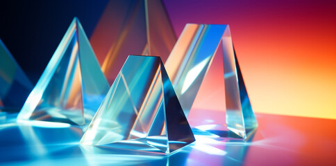 geometric prism glass Abstract blue tone background with close-up of shiny crystal blocks with multicolored gradient reflections on a blurred glass surface. - obrazy, fototapety, plakaty