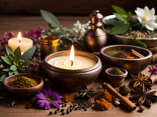Various ayurveda ingredients are presented with candles, generative AI