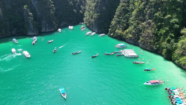 Aerial View of tour boats at crowded Pileh lagoon in Phi phi island