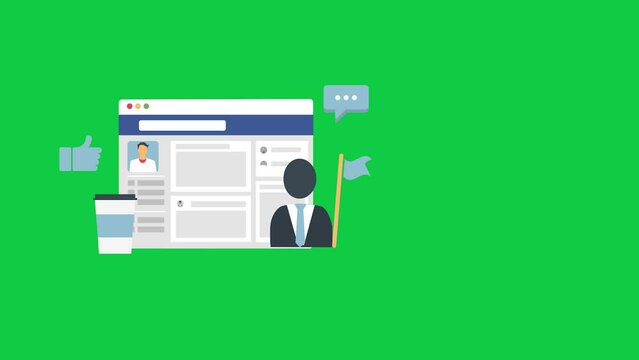 4K Animated Infographic Footage visualizing Fb Promotion, Like Hand, Speach Bubble, People, Office Cup, Fb window, green screen chroma key background