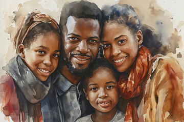 A watercolor portrait of a happy black family, embodying warmth and unity suitable for celebrating Black History Month. - obrazy, fototapety, plakaty