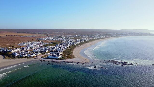 Quaint touristic Paternoster fishing village, Weskus. High angle aerial view