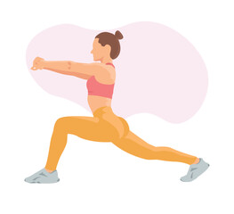 Fototapeta na wymiar A girl is warming up, doing sports, yoga, aerobics. Does an exercise. Vector illustration on isolated background. Sports uniform. Advertising, poster, print.