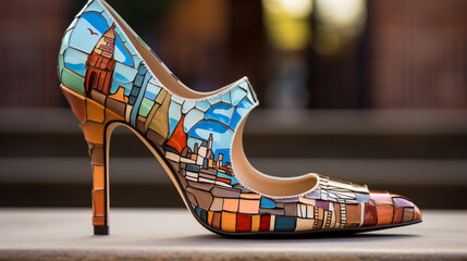 Women's shoe with a city pattern, generative AI - obrazy, fototapety, plakaty
