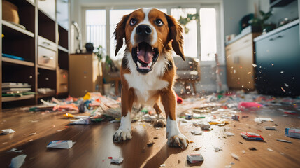The dog left at home caused a mess in the room with scattered things, broken dishes, dirt. Concept of missing the owner, loneliness. - obrazy, fototapety, plakaty
