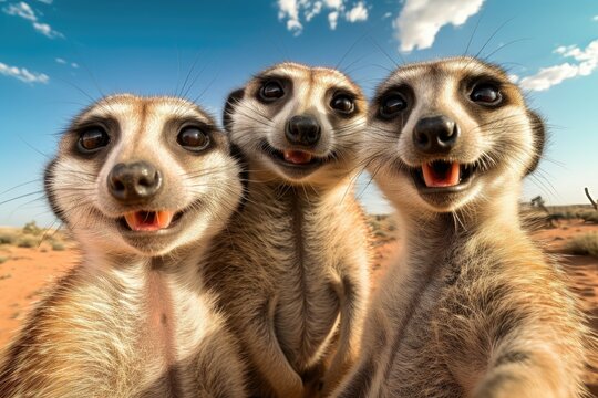Meerkats taking a selfie, capturing a playful moment of interaction and connection