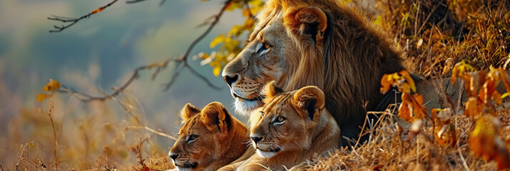 A lion with a lion cub. - obrazy, fototapety, plakaty