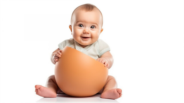 16:9 or 9:16 Photo of a cute baby wearing a eggs costume is happily playing with Easter eggs.for backgrounds screens greeting card or other High quality printing projects.