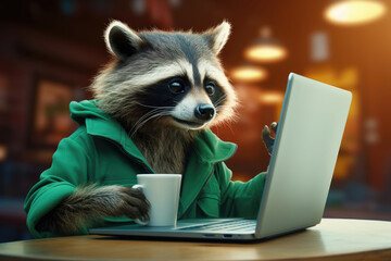 Raccoon with a coffee cup using a laptop, depicting urban life and adaptability