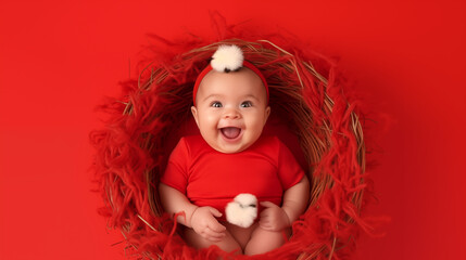 Fototapeta na wymiar 16:9 or 9:16 Photo of a cute baby happily nestled in an Easter egg nest.for backgrounds screens greeting card or other High quality printing projects.