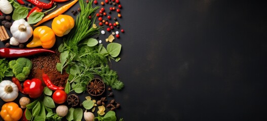 Assorted fresh vegetables and spices on dark background for culinary cooking. Healthy food and lifestyle.