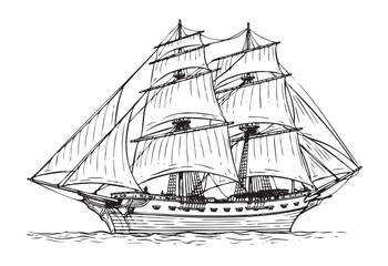 Vintage Pirate ship sketch hand drawn Vintage sea transport.Vector illustration - obrazy, fototapety, plakaty