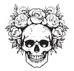 Human skull in floral crown sketch hand drawn Vector illustration Death Day